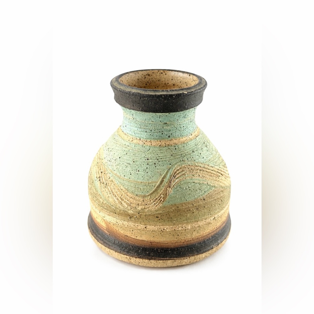 Handmade Studio Pottery Bud Vase Speckled Aqua Stoneware Signed 3.5”